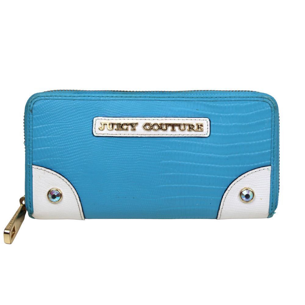 JUICY COUTURE BABY BLUE WHITE GENUINE LEATHER ID CARD ZIP AROUND WALLET CLUTCH